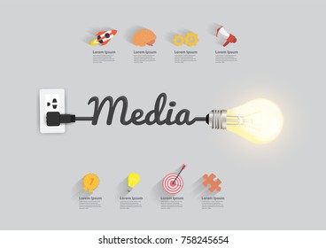 Media concept, With creative light bulb idea vector illustration modern design template