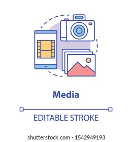 Media concept icon. Visual content idea thin line illustration. Videos, pictures and photos on mobile devices. Media library and files storage. Vector isolated outline drawing. Editable stroke