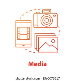 Media concept icon. Visual content idea thin line illustration. Videos, pictures and photos on mobile devices. Media library and files storage service. Vector isolated outline drawing