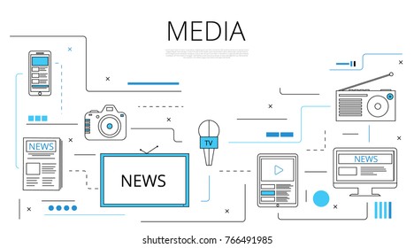 Media Concept News Icons and lines. Vector illustration TV, newspaper, radio, mobile, phone, camera