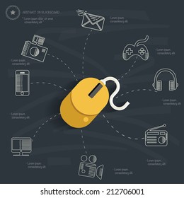 Media concept on blackboard background,clean vector