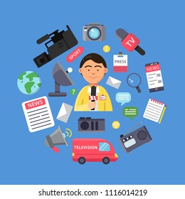 Media concept with picture of journalist and various specific equipment for broadcasting and copyrighting work. Vector journalism and television interview illustration