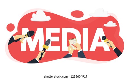 Media concept. Press with microphone take interview for news. Idea of broadcasting. Newspaper, TV and radio. Flat vector illustration