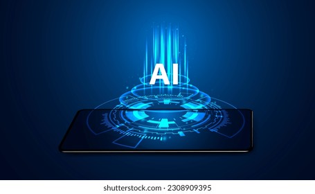 Media concepts such as mobile phones, using AI, generating content, using AI to help create content online, using AI technology to help create content On a blue background, futuristic, beautiful