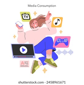 Concepto de consumo de medios Una mujer disfruta de una sinfonía multimedia, haciendo malabares sin problemas con la TV, la música y los juegos Ocio de la era digital en una vibrante Ilustración vectorial de Vectores