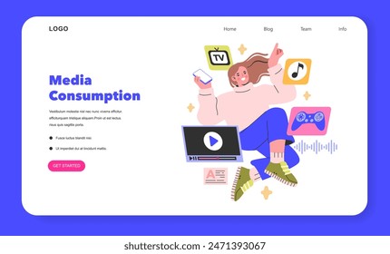 Media Consumption concept A woman enjoys a multimedia symphony, seamlessly juggling TV, music, and gaming Digital era leisure in vibrant vectors Vector illustration