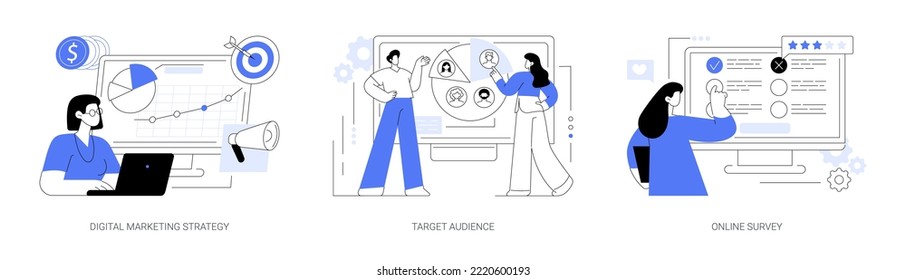 Media content campaign abstract concept vector illustration set. Digital marketing strategy, target audience, online survey, market segmentation, user engagement, research analysis abstract metaphor.