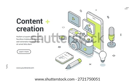 Media content creation cyberspace digital technology isometric web banner design template vector illustration. Multimedia video photo audio files social network internet marketing advertising