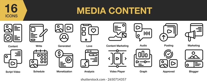 Conjunto de iconos de contenido multimedia. Video Incluye medios, contenido, digital, audio, redes sociales y más. Colección de Vector de iconos de contorno.