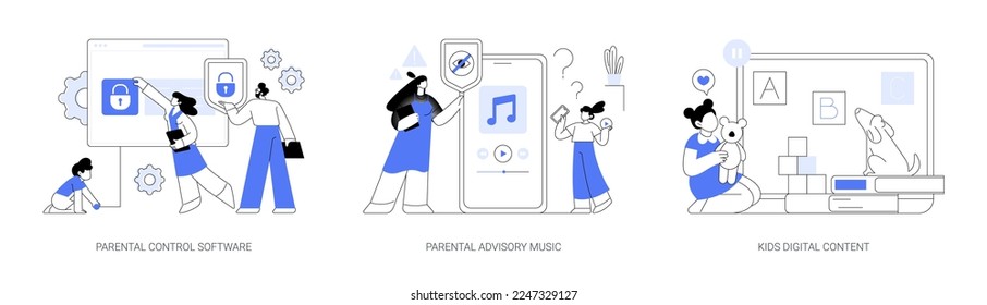 Mediainhalt-Begrenzungstechnologie, abstraktes Konzept, Vektorgrafik-Set. Software zur Kindersicherung, elterliche Beratung, digitale Kinderinhalte, Warnhinweise, Zugriff auf abstrakte Metapher.