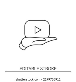 Media content line icon. Share, send and repost video content on social media. Video button on palm. Video production concept. Isolated vector illustration. Editable stroke
