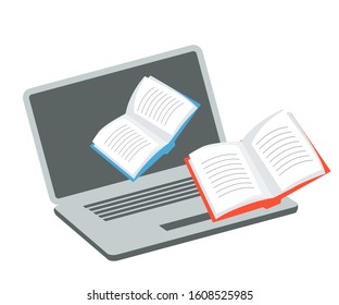 Media content for receiving online education. Application cartoon icon. Opened laptop and paper books. E-learning. Ebooks storing and searching. Digital learning via internet. Vector flat illustration