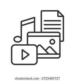 Video Uso compartido de contenido multimedia, icono en diseño de línea., Imagen, archivo, música, Cargar, medios, jugar en el Vector de fondo blanco. Icono de trazo editable de uso compartido de medios
