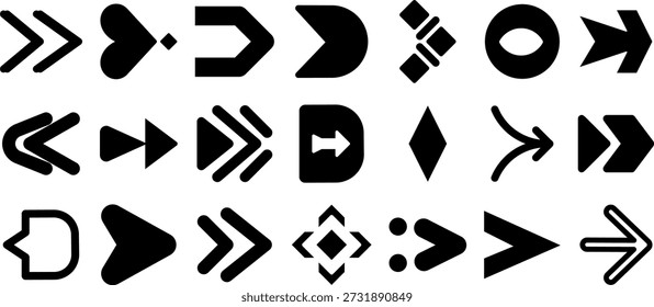 Media control arrows and bullet point icons. Geometric play, skip, and direction symbols. Solid vector icon collection.
