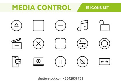 Media Control Icon Set. Sleek and intuitive audio and video playback icons are perfect for enhancing user interfaces in media apps, streaming services, and entertainment platforms.