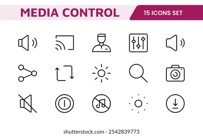 Media Control Icon Set. Sleek and intuitive audio and video playback icons are perfect for enhancing user interfaces in media apps, streaming services, and entertainment platforms.