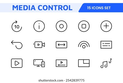 Media Control Icon Set. Sleek and intuitive audio and video playback icons are perfect for enhancing user interfaces in media apps, streaming services, and entertainment platforms.