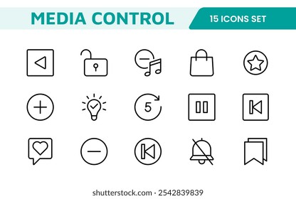 Media Control Icon Set. Sleek and intuitive audio and video playback icons are perfect for enhancing user interfaces in media apps, streaming services, and entertainment platforms.