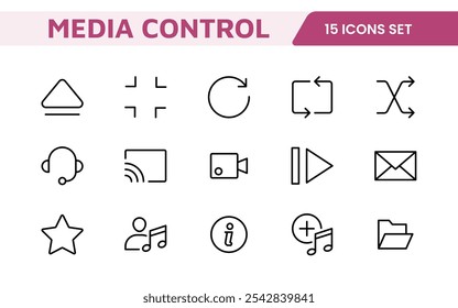 Conjunto de ícones de controle de mídia. Ícones de reprodução de áudio e vídeo elegantes e intuitivos são perfeitos para aprimorar as interfaces do usuário em aplicativos de mídia, serviços de streaming e plataformas de entretenimento.