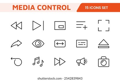 Media Control Icon Set. Sleek and intuitive audio and video playback icons are perfect for enhancing user interfaces in media apps, streaming services, and entertainment platforms.