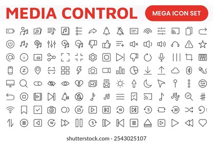 Conjunto de ícones de controle de mídia. Ícones de reprodução de áudio e vídeo elegantes e intuitivos são perfeitos para aprimorar as interfaces do usuário em aplicativos de mídia, serviços de streaming e plataformas de entretenimento.