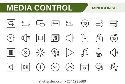 Media Control Icon Set. Sleek and intuitive audio and video playback icons are perfect for enhancing user interfaces in media apps, streaming services, and entertainment platforms.