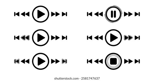 Media control icons. Includes play, pause, stop, fast forward, rewind, and skip buttons. Perfect for UI, UX, music apps, video players, and digital interface designs.