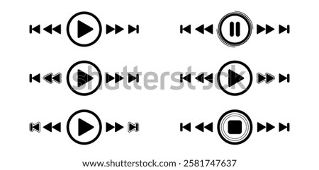 Media control icons. Includes play, pause, stop, fast forward, rewind, and skip buttons. Perfect for UI, UX, music apps, video players, and digital interface designs.