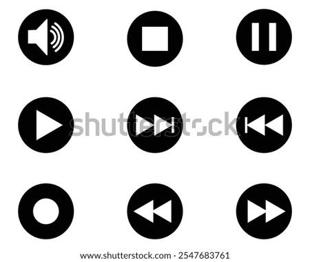 Media control icons including play, pause, stop, record, forward, and rewind buttons. Perfect for audio, video, app interface, and multimedia technology design purposes.