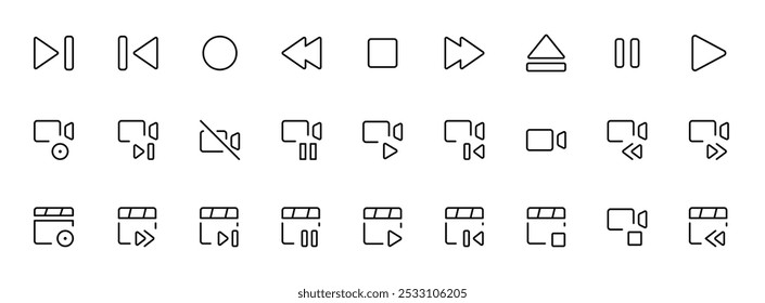 Iconos de Control de medios. Video Edición, iconos del reproductor multimedia. Vector ilustración gráfica. Conveniente para el diseño del Sitio web, logotipo, App, Plantilla, y ui.