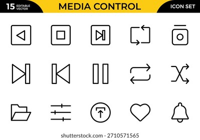 Conjunto de iconos de línea de control de medios. Un programa, película y otro producto de medios visuales que presenta Imágenes en movimiento. Paquete de iconos de contorno delgado. Ilustración vectorial