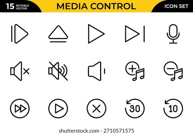 Conjunto de iconos de línea de control de medios. Un programa, película y otro producto de medios visuales que presenta Imágenes en movimiento. Paquete de iconos de contorno delgado. Ilustración vectorial