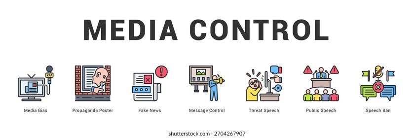 Media Control Modern and clean web banner illustration featuring thematic icons for visual communication