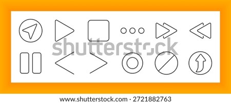 Media control set icon. Arrows, play, stop, pause, record, fast-forward, rewind, and upload symbols outlined to depict video and audio playback functions.