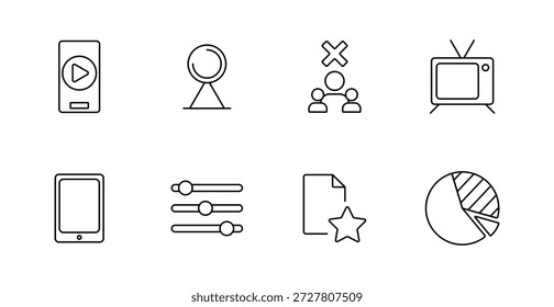 Symbol für Mediensteuerelementsatz. Mobile Player, Satellit, Benutzer verweigert, TV, Tablet, Schieberegler, Star-Datei, Tortendiagramm zeigt digitale Medien, Kontrolle, Einschränkung, Bewertung, Anzeige.