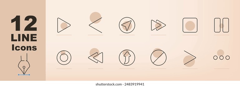 Media control set icon. Play, pause, stop, record, forward, backward, next, previous, shuffle, repeat, eject, menu, media player, audio, video, navigation, music control, multimedia interface.