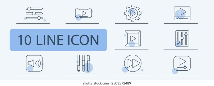 Media control set icon. Settings, play, video, audio, sliders, sound, adjustment, control, equalizer, interface, media, multimedia, entertainment, playback, digital, user experience.