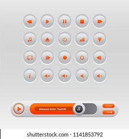 Media control web 2.0 buttons. Gray rounded buttons with shadow on gray background