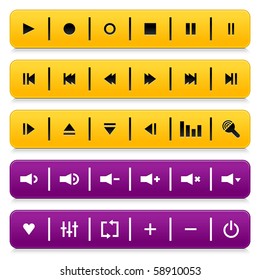 Media control web 2.0 buttons navigation panel. Yellow and violet  rounded rectangle shapes with shadow and reflection on white background