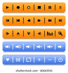 Media control web 2.0 buttons navigation panel. Orange and blue rounded rectangle with shadow and reflection on white