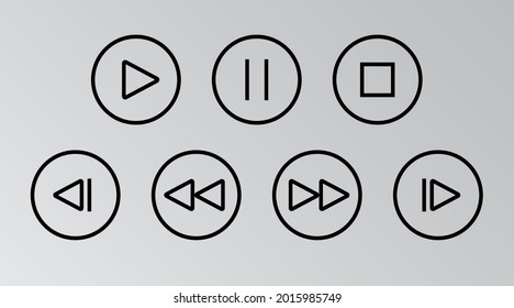 Media control web buttons. Gray round shapes. Vector line icon isolated illustration
