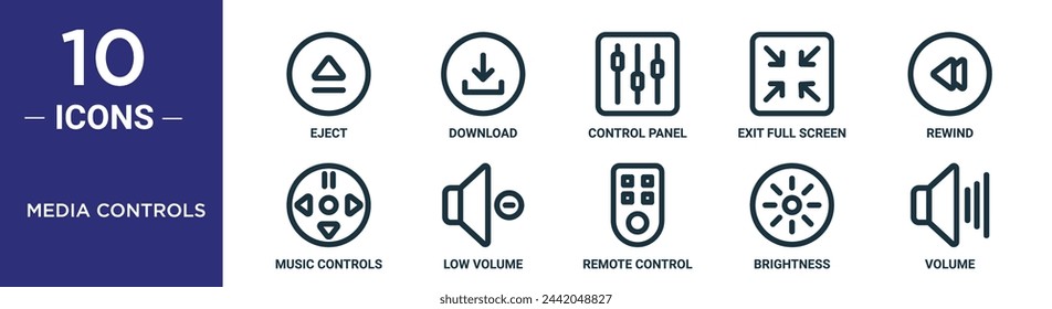 media controls outline icon set includes thin line eject, download, control panel, exit full screen, rewind, music controls, low volume icons for report, presentation, diagram, web design