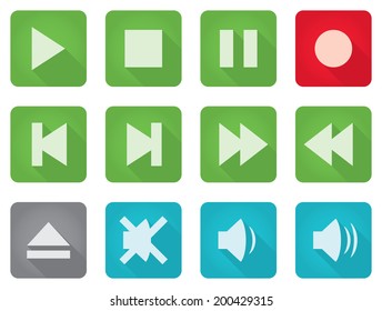 Media controls and volume buttons, flat styled. CMYK global colors, EPS 8 vector illustration. 