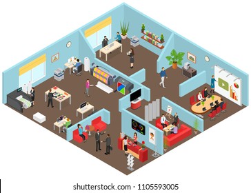 Media Creators Agency Interior with Furniture and People Isometric View Development Concept. Vector illustration of Business Office Scene