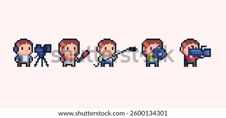 Media crew chibi human figures pixel art set. Adorable kawaii cameraman, reporter, photographer, collection. 8 bit. Game development, mobile app. Isolated vector illustration.