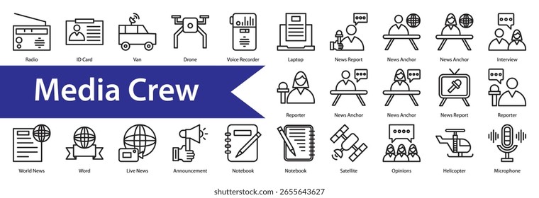 Media Crew Icon Collection and Set Containing: 
Gossip,Press Release,Gossip,Live Streaming,Time And Date,Hot News,Interview ,Talk Show,News Anchor,Fake News,Speaking,Weather Forecast,News Office