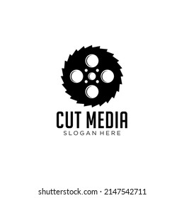 media cutting logo. abstract combination of film reel with saw blade