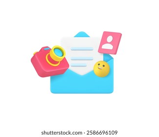 Media data image letter send message content management 3d icon realistic vector illustration. Multimedia database file envelope portfolio presentation storage service photo video camera