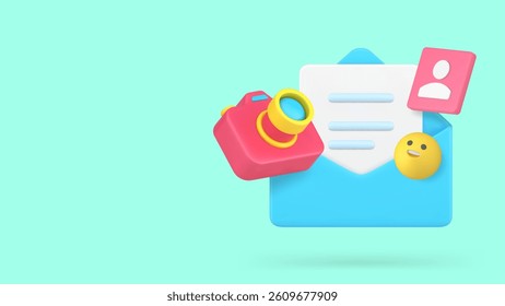Media data image letter send message content management banner copy space vector illustration. Multimedia database file envelope portfolio presentation storage service photo video camera