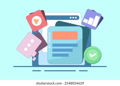 Gerenciamento de dados de mídia com vídeo e gráficos para empresas. Software de gerenciamento. Dados de mídia. Pesquisar arquivos e vídeos no banco de dados. Ilustração de vetor plano.